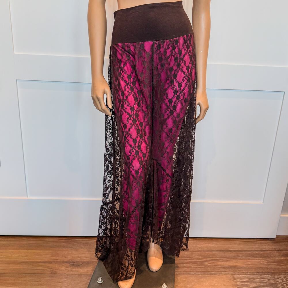 Elietian Ver'e'ne Western Brown Lace Maxi Skirt Attachd Hot Pink Leggings-Medium